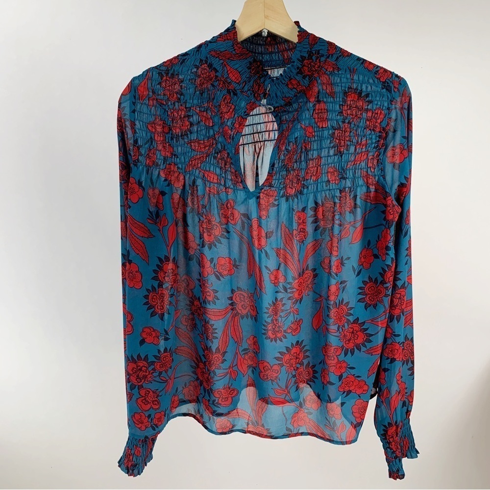 Abercrombie & Fitch A&F Sheer floral Mock Neck Shirred Long Sleeve Blouse Small